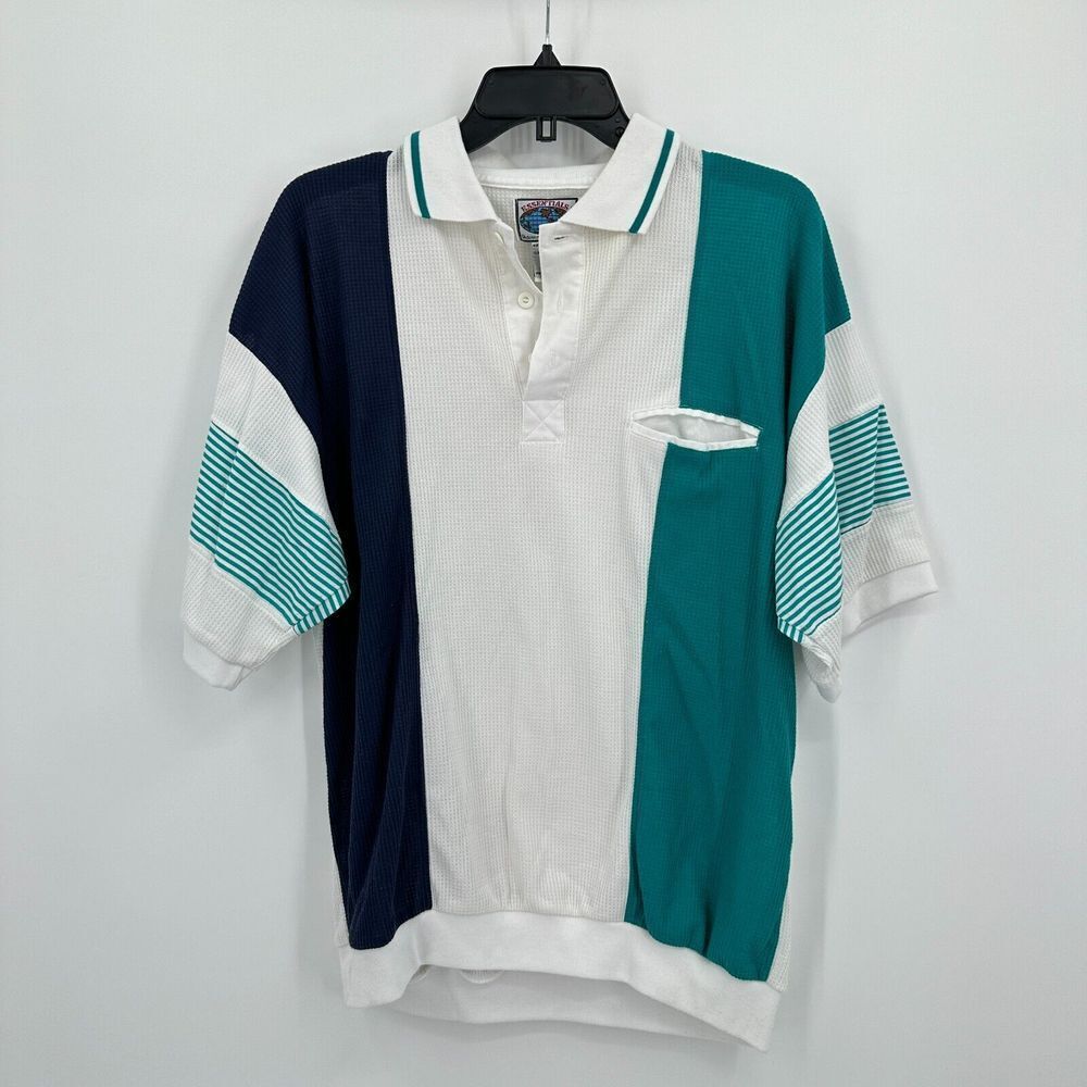 Vtg Essentials Polo Shirt Men Large White Blue Colorblock Waffle Golf Pickleball